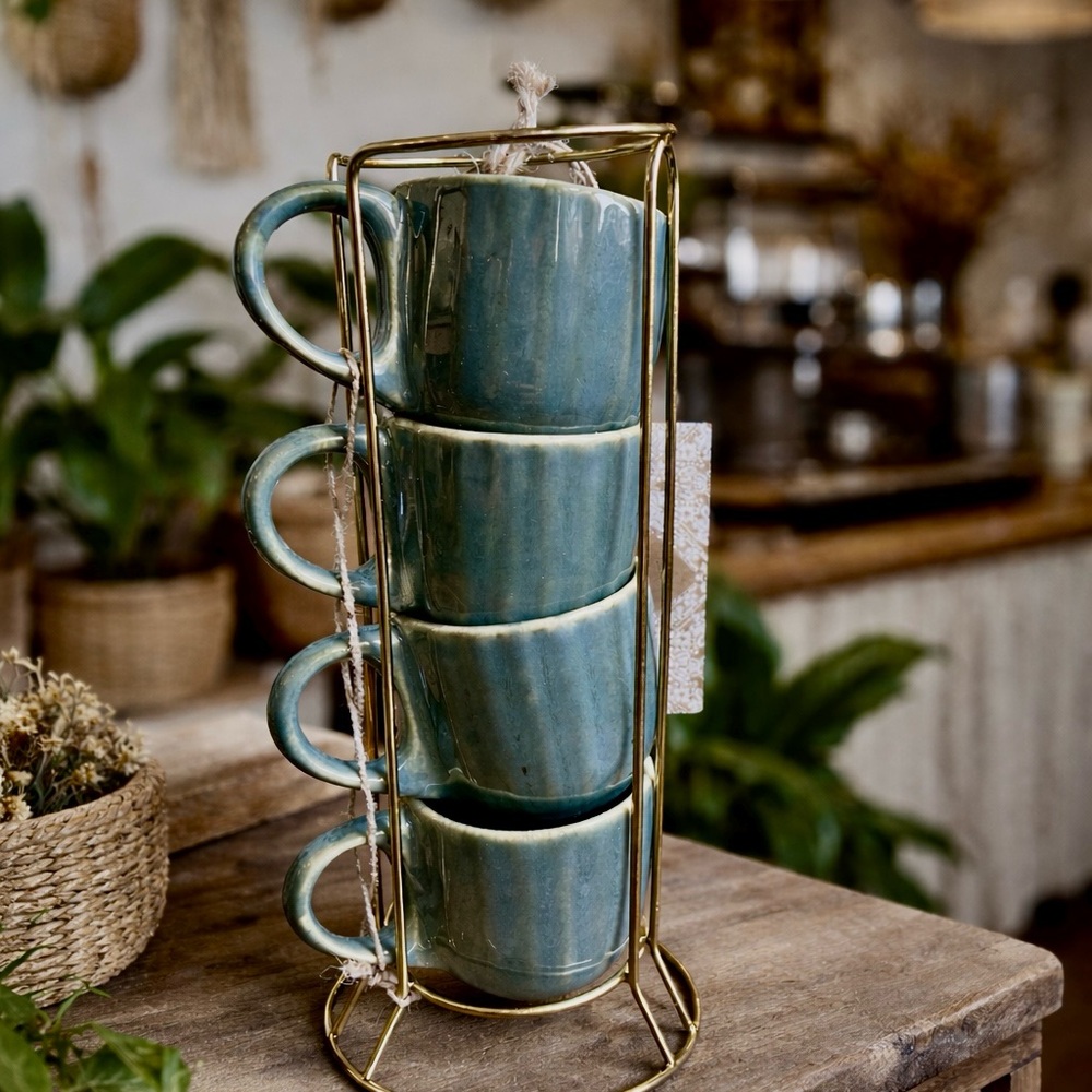 ☕️Cool coffee house vibes~ unique turquoise Ceramic espresso cup Set /gold stand